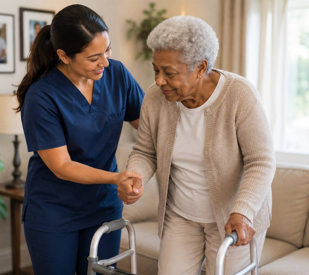 A caregiver holding a client's hand and steadying her as she stands up from the sofa and takes hold of her walker.